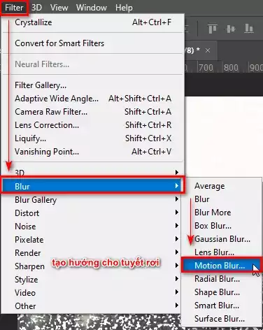 Cách tạo tuyết trong photoshop cực kỳ đơn giản Bước 10: Điều Chỉnh Hướng Của Tuyết