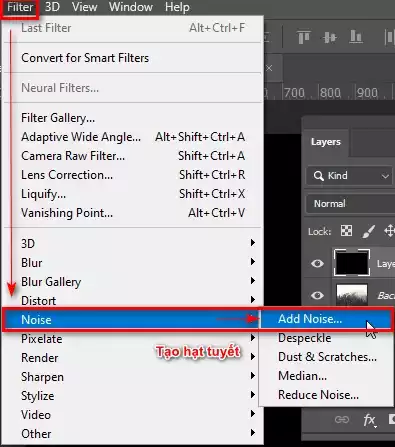 Cách tạo tuyết trong photoshop cực kỳ đơn giản Bước 5: Tạo Hiệu Ứng Tuyết Bằng Noise