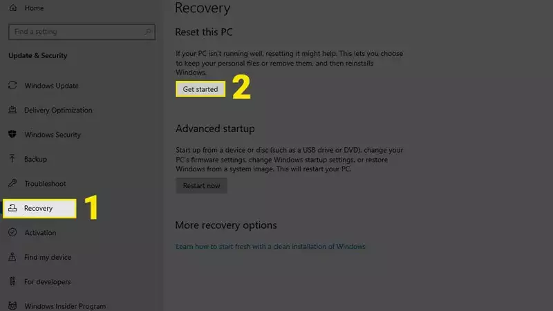 Cách Reset win 10 chi tiết nhất không mất dữ liệu Chọn Get Started