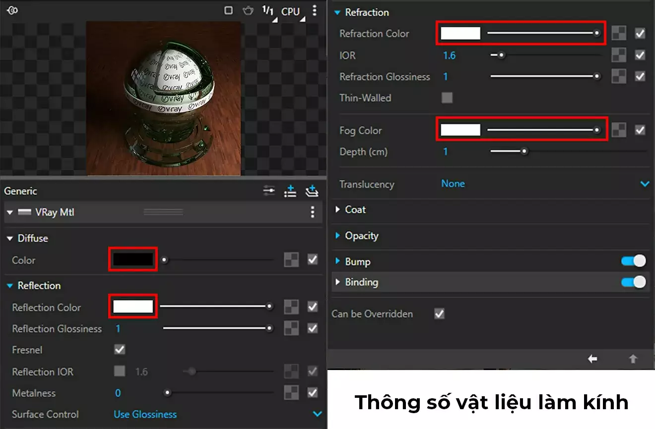 Cách setting vật liệu trong vray sketchup Thông Số Làm Vật Liệu Kính