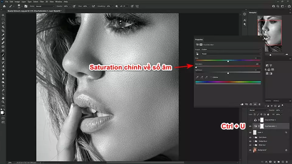 Công thức cách làm mịn da nâng cao trong Photoshop chi tiết Giảm Saturation Về Số Âm