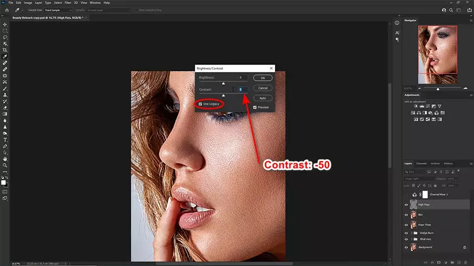 Công thức cách làm mịn da nâng cao trong Photoshop chi tiết Chỉnh Contrast Về -50