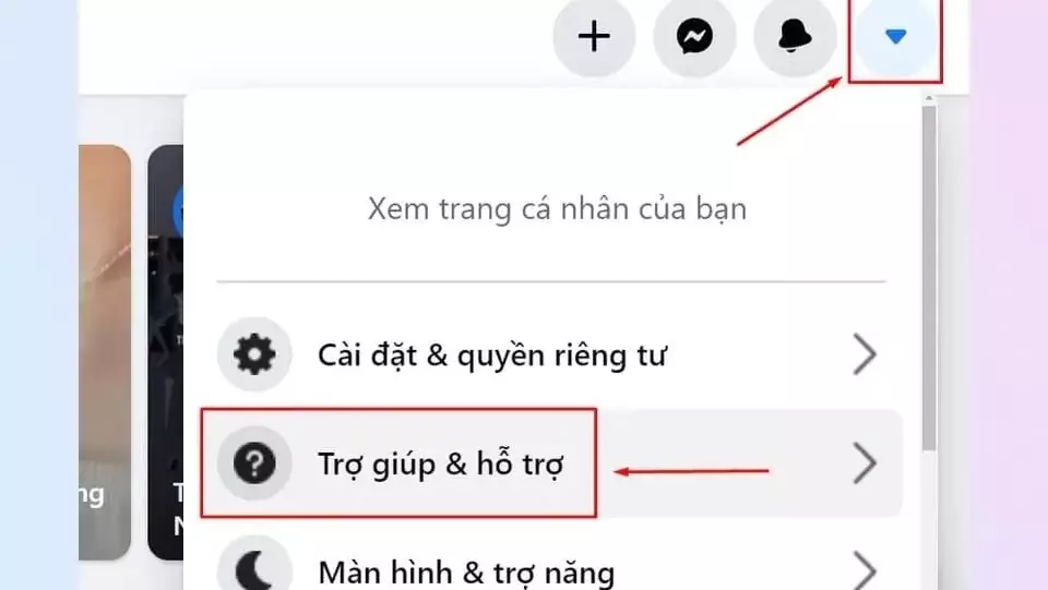 Cách nhờ trung tâm trợ giúp Facebook xử lý các vấn đề liên quan Bấm Vào Biểu Tượng Góc Trên Bên Phải