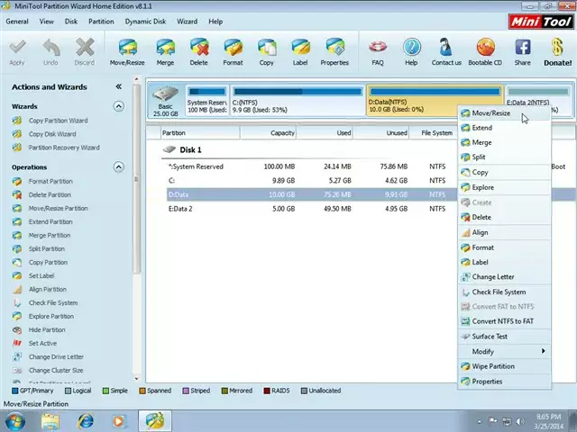 Cách chia ổ cứng win 7 10 11 cực nhanh và hiệu quả bằng Partition Wizard Chọn Chức Năng “Move/Resize” Ổ Đĩa D